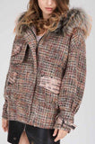 Printed-Pocket Fur-Hooded Short Tweed Coat