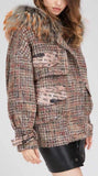 Printed-Pocket Fur-Hooded Short Tweed Coat