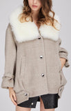 Chevron Oversized Short Wool Coat with Fur Collar