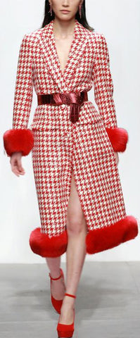 Fur-Trim Houndstooth Coat
