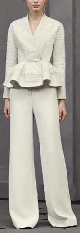 Jacquard Peplum V-neck Top & Wide Leg pants in Cream - DESIGNER INSPIRED FASHIONS