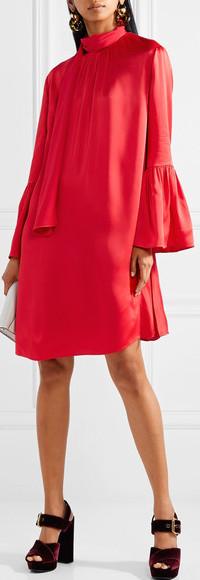 Pleat-Side Tie-Neck Satin Mini Dress, Red