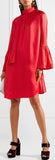 Pleat-Side Tie-Neck Satin Mini Dress, Red