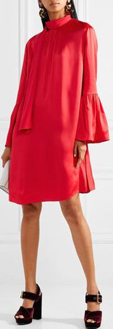 Pleat-Side Tie-Neck Satin Mini Dress, Red