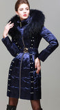 Bead Embellished Satin Sheen White-Duck-Down Coat with Fur-Trim in Blue - DESIGNER INSPIRED FASHIONS