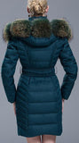Fur Collar Belted Puffer Down Coat, Blue/Green