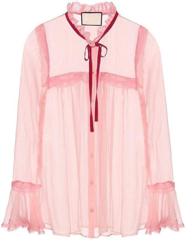 Lace-Trimmed Pink Crinkled Blouse - DESIGNER INSPIRED FASHIONS