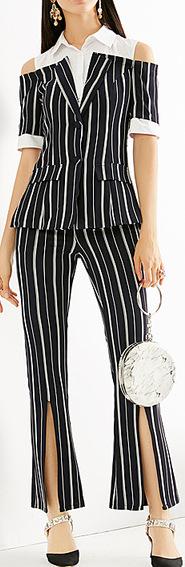Cold-Shoulder Stripe Short-Sleeve Shirt-Blazer and Split Trouser Set