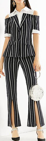 Cold-Shoulder Stripe Short-Sleeve Shirt-Blazer and Split Trouser Set