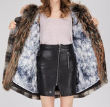 Fur-Trim Plaid Wool Coat, Natural