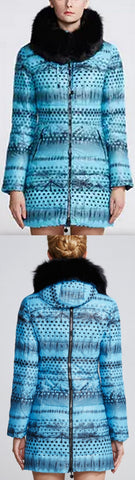 Printed Paneled Puffer Coat, Light Blue