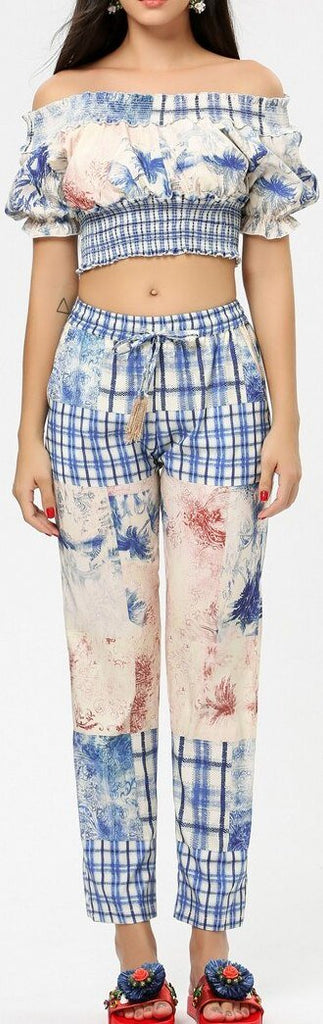 Off-the-Shoulder Printed Crop Top and Pant Set | DESIGNER INSPIRED FASHIONS