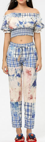 Off-the-Shoulder Printed Crop Top and Pant Set | DESIGNER INSPIRED FASHIONS