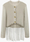 Rhinestone-Tassel Knit Cardigan Sweater