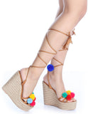 'Holi' Pom Pom Wrap Wedge Sandals - DESIGNER INSPIRED FASHIONS