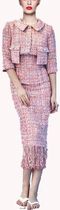 Tweed Cropped Jacket & Fringed Skirt Set