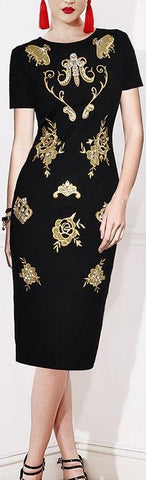 Embroidered Black Midi Fitted Dress