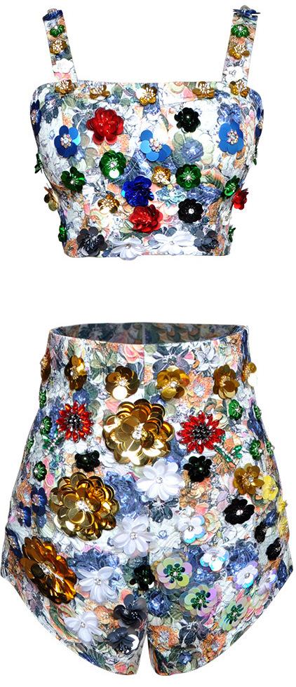 Floral-Appliques Bustier Top & High-Waist Short Set