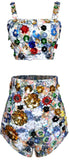 Floral-Appliques Bustier Top & High-Waist Short Set