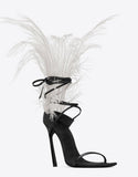Iris 105 Feather Sandals, White Feathers and Black Leather