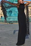 Black Stretch Lace-Cape Gown