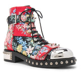 Floral Leather Studded Combat Boots