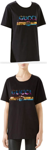 Rainbow Sequin Logo Tee, Black