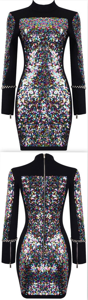 Sequin-Embellished Studded Mini Dress