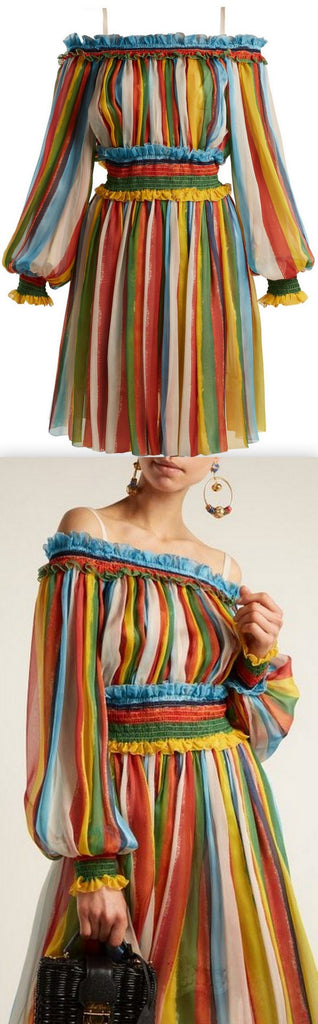 Striped Chiffon Off-the-Shoulder Dress