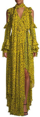Ruffled Leopard-Print Silk-Georgette Wrap Maxi Dress