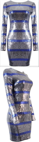 Striped Sequin-Embellished Long-Sleeve Mini Dress