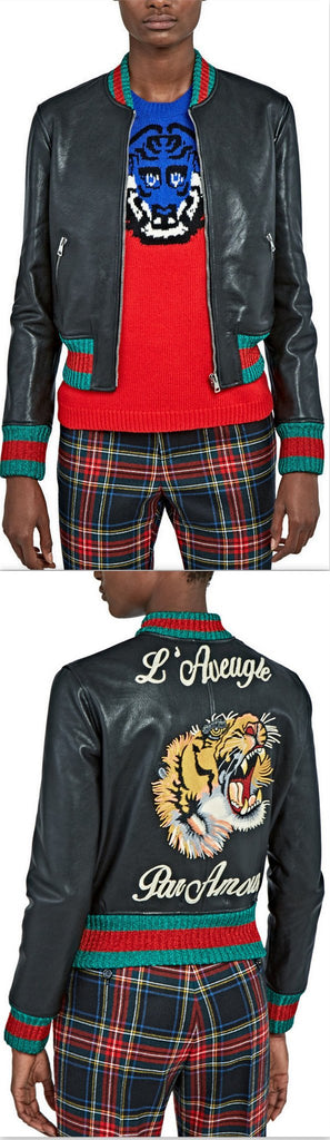 Contrast-Stripe Embroidered Leather Bomber Jacket - DESIGNER INSPIRED FASHIONS
