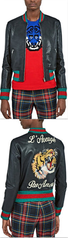 Contrast-Stripe Embroidered Leather Bomber Jacket - DESIGNER INSPIRED FASHIONS