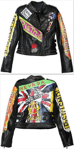 Studded Printed Short Faux-Leather Motorcycle Jacket - DESIGNER INSPIRED FASHIONS