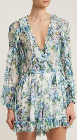 'Breeze' Ruffled Floral-Print Silk Playsuit