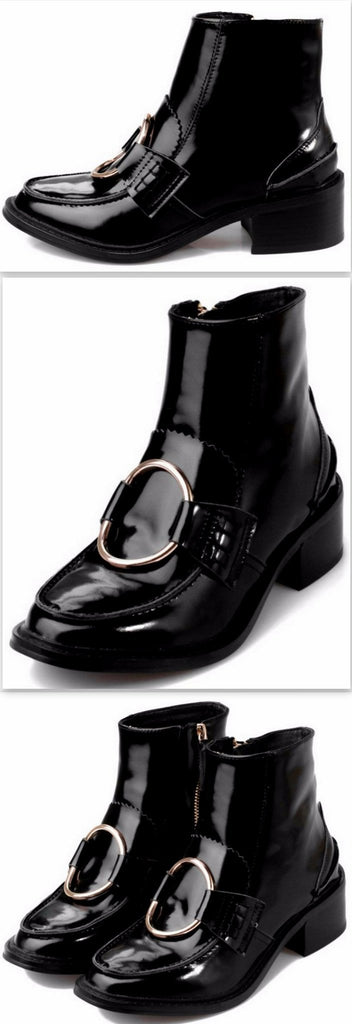 Black Patent Leather Metal-Ring Ankle Boots - DESIGNER INSPIRED FASHIONS