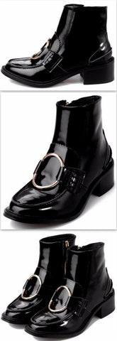 Black Patent Leather Metal-Ring Ankle Boots - DESIGNER INSPIRED FASHIONS