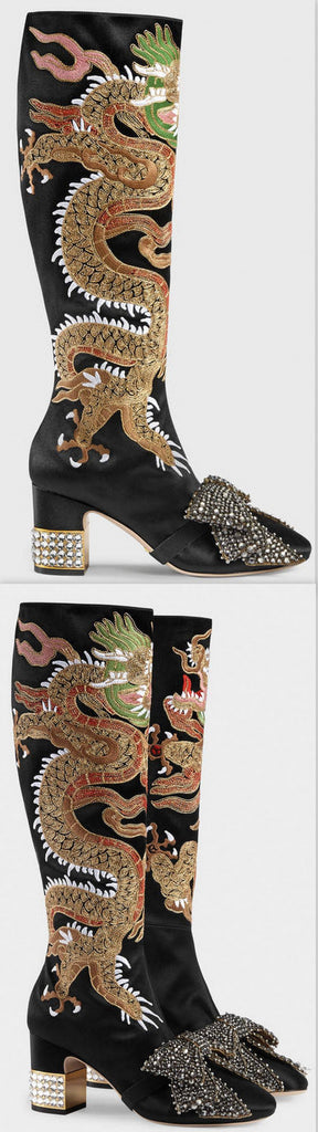 Dragon Satin Mid-Heel Knee Boot, Black