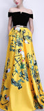 Black Off-the-Shoulder Print Yellow Maxi Dress