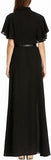 Flutter-Sleeve Long Gown with Tie-Neck Collar, Black