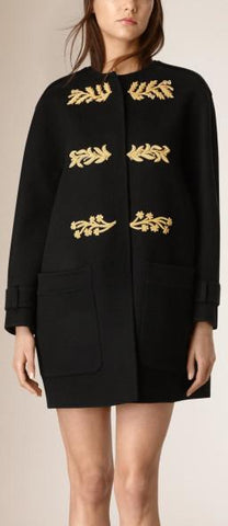 Black Regimental Collarless Wool Coat - DESIGNER INSPIRED FASHIONS
