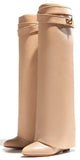 'Shark Lock' Wedge Knee Leather Boots in Beige - DESIGNER INSPIRED FASHIONS