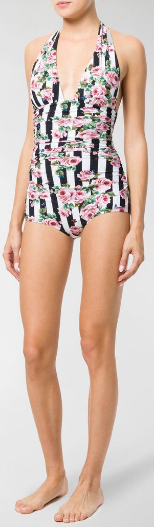 Striped Rose Print Swimsuit