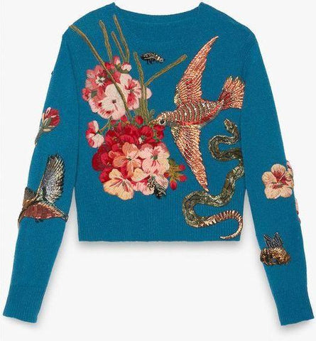 Blue Embroidered Knit Sweater - DESIGNER INSPIRED FASHIONS