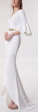 Long Bell-Sleeve Button-Embellished White Gown | DESIGNER INSPIRED FASHIONS