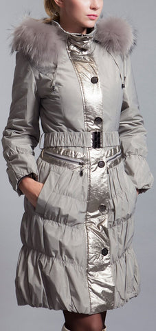 Metallic Paneled Fur Collar Puffer Coat