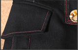 'Luggage' Stitch Denim Double-Breasted Military Style Trench Coat & Matching 'Luggage' Stitch Flare Jeans in Black - DESIGNER INSPIRED FASHIONS