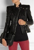 Black Ribbed Faux-Leather Biker Jacket - DESIGNER INSPIRED FASHIONS