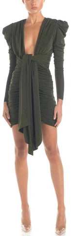 Ruched Tie-Waist Mini Dress, Dark Green