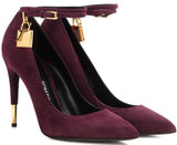 Padlock & Key Embellished Suede Pumps in Burgundy or Caramel-Brown - DESIGNER INSPIRED FASHIONS